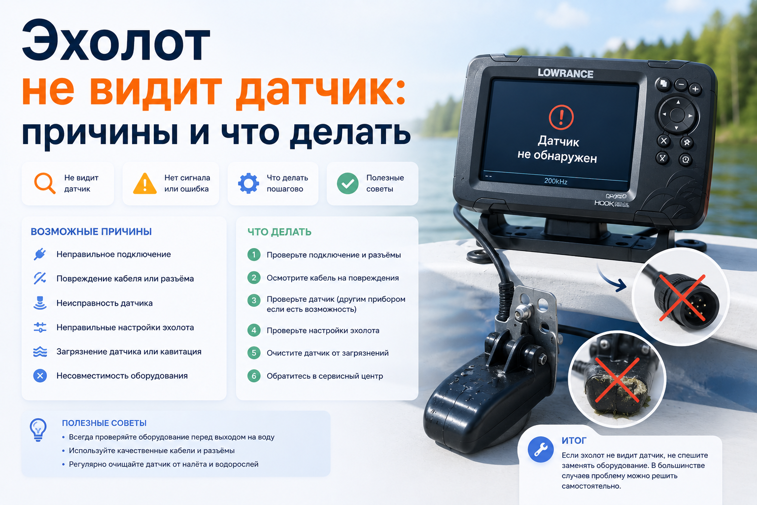 Эхолот не видит датчик: причины и что делать