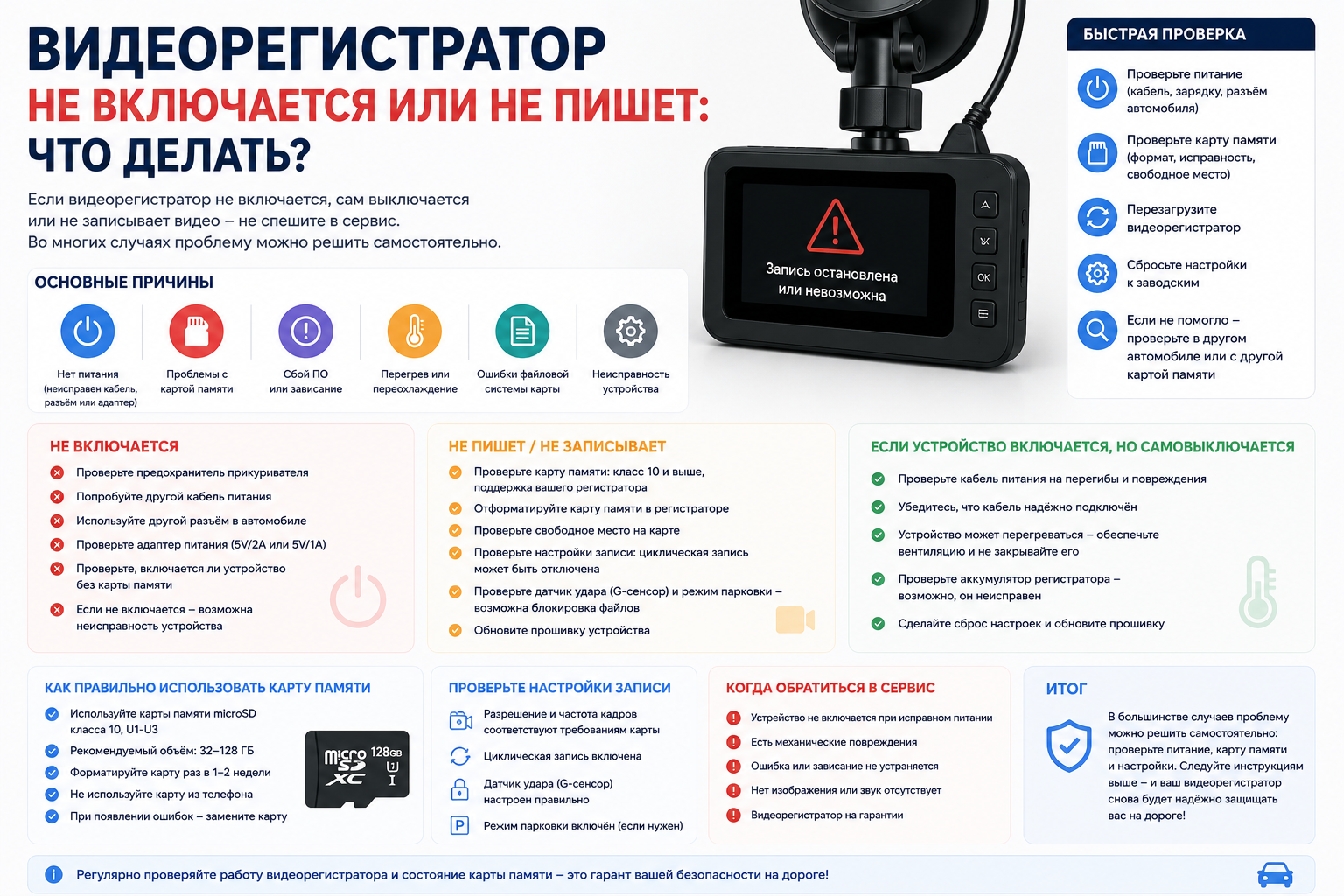 Видеорегистратор не включается или не пишет: что делать